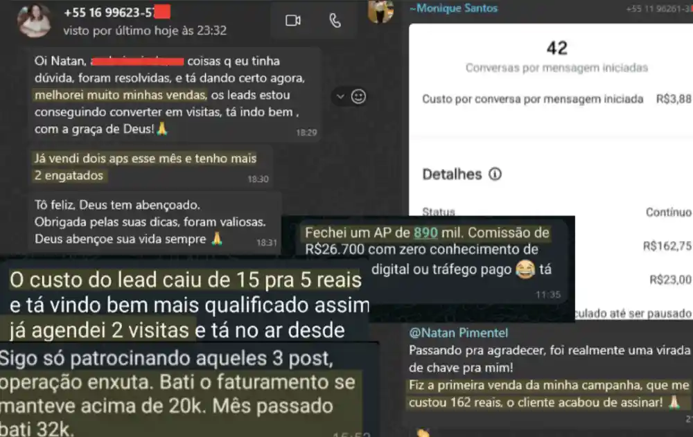 Prints de resultado mostrando custo real de campanha