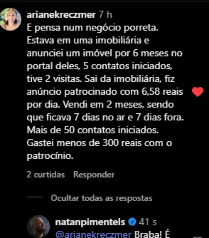 Comentário de Ariane Kreczmer comparando anúncio no portal da imobiliária com anúncio próprio