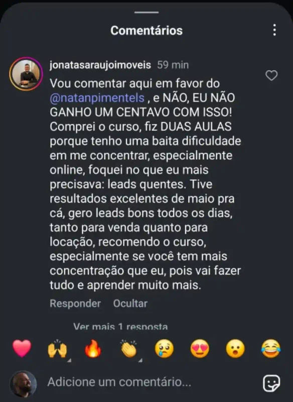Comentário público de aluno declarando que não ganha nada por recomendar